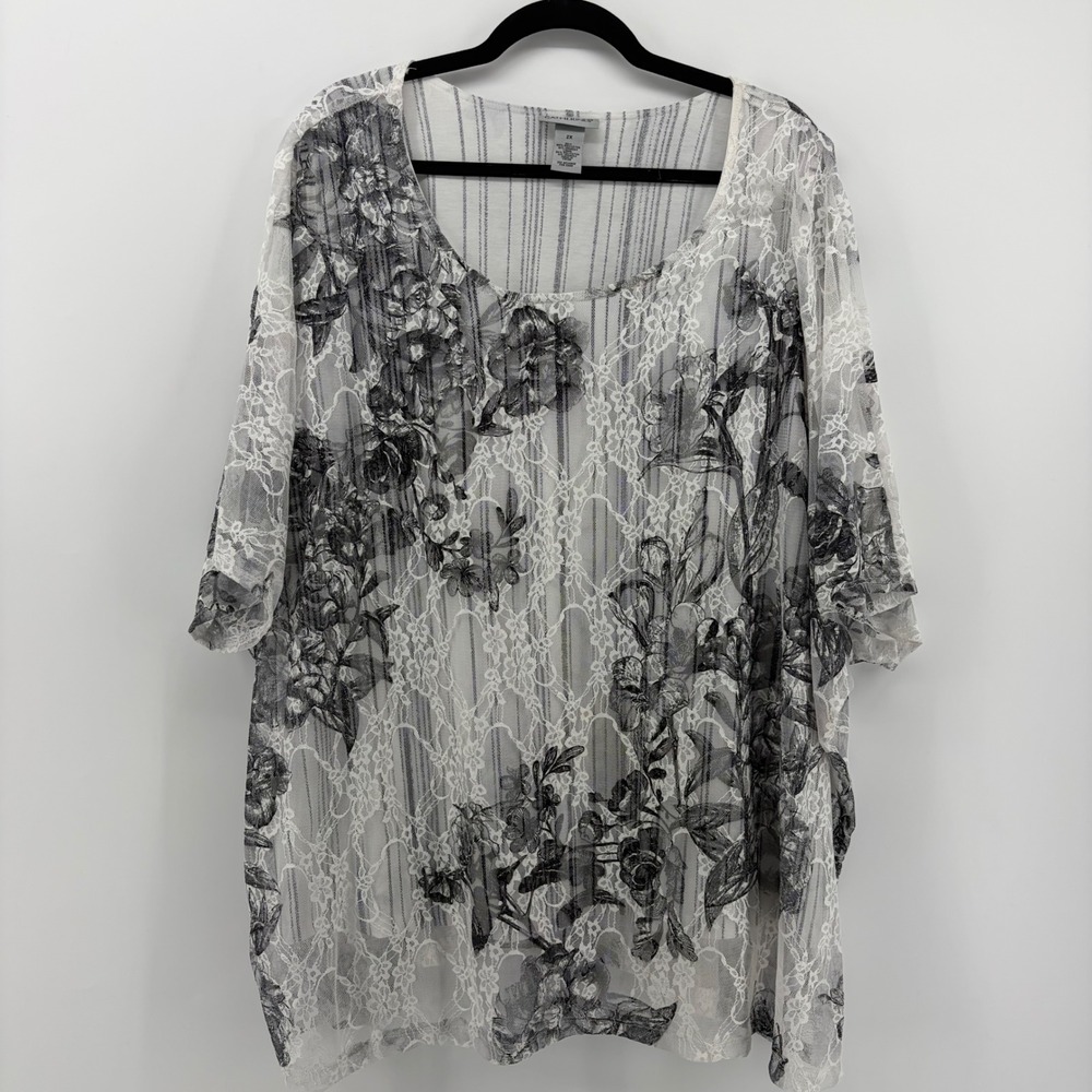 Catherines Plus Size 2X‎ White Black Floral Lace Sheer Overlay Tunic Top